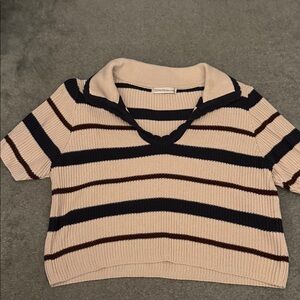 Zenana Outfitters Striped V-Neck Sweater in Tan with Navy & Maroon Stripes